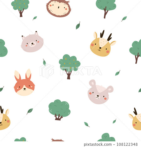 Seamless pattern with faces of cute forest animal faces - wolf, owl, opossum, rabbit, owl, deer and trees 108122348