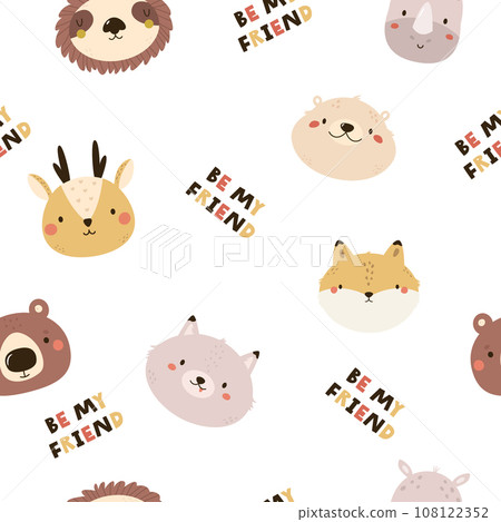 Seamless pattern with faces of cute animal faces - deer, bear, fox and sloth 108122352