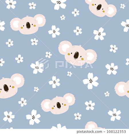 Seamless pattern with faces of cute koala faces and flower heads 108122353