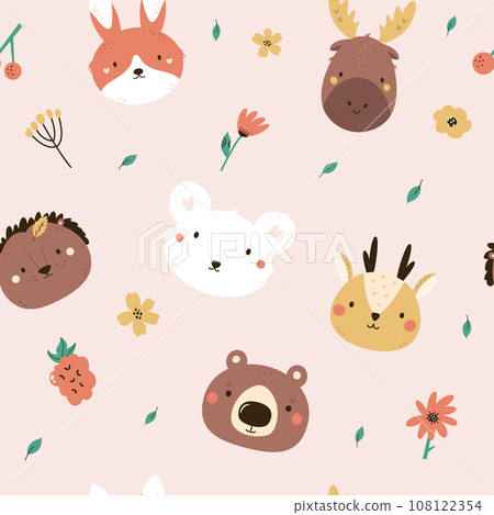 Seamless pattern with faces of cute forest animal faces - bear, moose, hedgehog, deer, mouse and rabbit 108122354