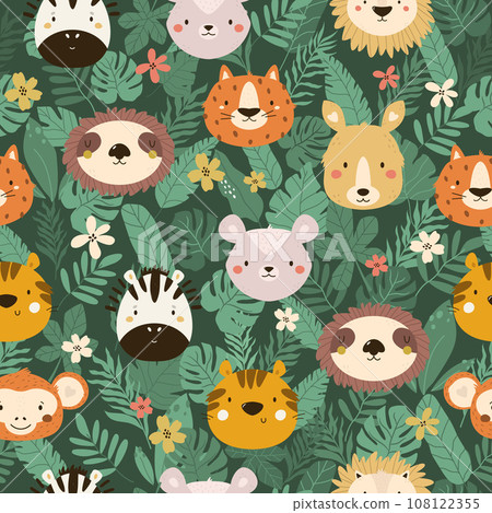 Seamless pattern with cute animal faces sloth, kangaroo, zebra, tiger, lion 108122355