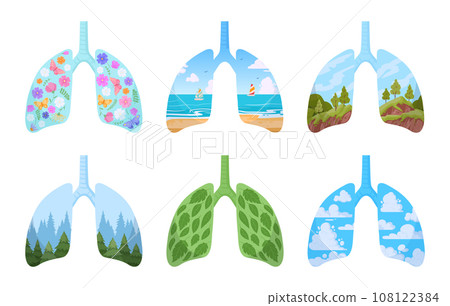 Human healthy lungs. Cartoon clean lungs, fresh air, flowers and leaves. Green planet lungs metaphor, environment care concept flat vector illustration 108122384