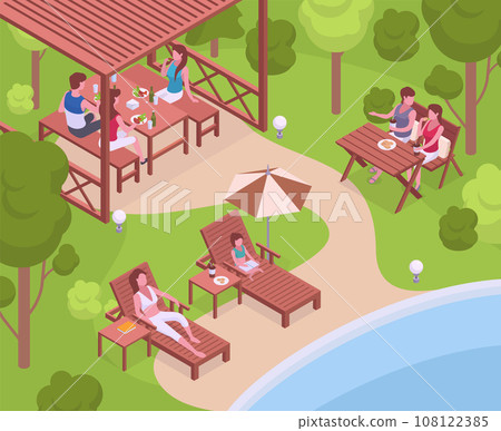 Isometric people resting on backyard furniture. Outdoor garden furniture, summerhouse garden scenery with chilling characters 3d vector background illustration. Garden patio scene 108122385