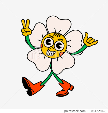 Retro style cartoon daisy character with a cheerful expression. Groovy vintage 70s flower character with funny face, showing peace and the shaka gesture 108122462