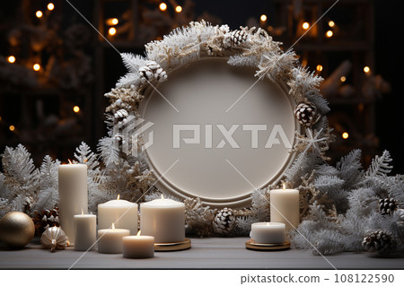 Christmas background with podium. Empty pedestal with Christmas trees, candles, snowflakes and empty space for text. New Year concept illustration, template for product advertisement Christmas background with podium. Empty pedestal with Christmas trees, candles, snowflakes and empty space for text. New Year concept illustration, template for product advertisement 108122590