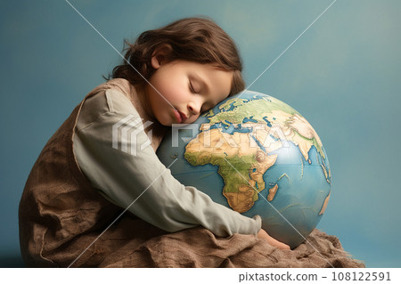Child hugging planet Earth model. World heritage, environment protection, Earth day, ecology, world without war concept. Embracing the Earth globe, peace and love, sweet dreams, happy childhood theme Child hugging planet Earth model. World heritage, environment protection, Earth day, ecology, world without war concept. Embracing the Earth globe, peace and love, sweet dreams, happy childhood theme 108122591