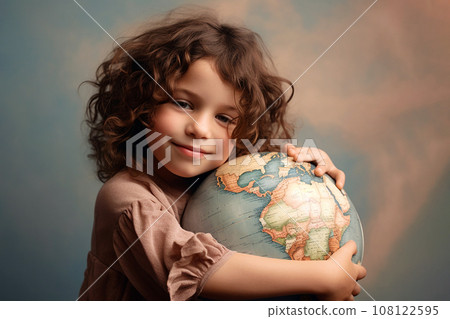 Child hugging planet Earth model. World heritage, environment protection, Earth day, ecology, world without war concept. Embracing the Earth globe, peace and love, sweet dreams, happy childhood theme 108122595