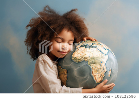 Child hugging planet Earth model. World heritage, environment protection, Earth day, ecology, world without war concept. Embracing the Earth globe, peace and love, sweet dreams, happy childhood theme 108122596