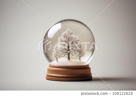 Glass snow globe with frozen snowy trees inside. Magical Christmas crystal ball, minimalist crystal magic ball with trees. Xmas souvenir, Merry Christmas, Happy New Year snowglobe, copy space 108122628