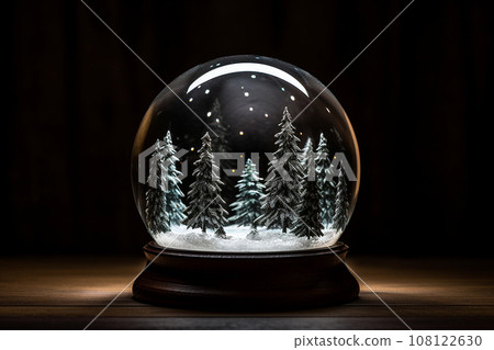 Glass snow globe with frozen snowy fir trees inside. Magical Christmas crystal ball, minimalist crystal magic ball with pine trees. Xmas souvenir, Merry Christmas, Happy New Year snowglobe, copy space 108122630