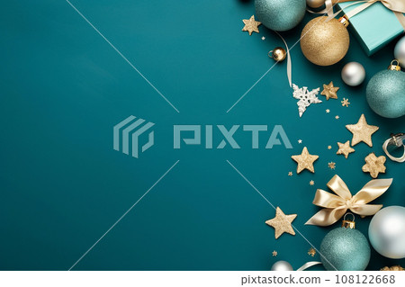 Christmas balls, stars and decoration details on blue background flat lay, top view. Happy New Year concept, free space for text, Christmas greetings card template Christmas balls, stars and decoration details on blue background flat lay, top view. Happy New Year concept, free space for text, Christmas greetings card template 108122668