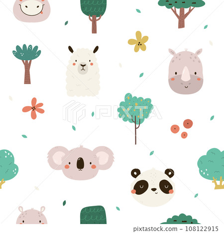 Seamless pattern with cute animal faces of koala, panda, llama, hippo, rhino and tropical trees 108122915