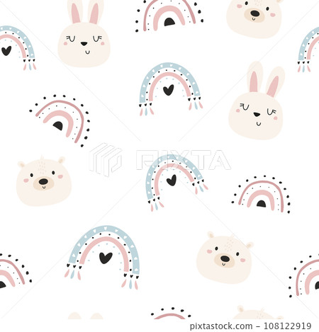 Seamless pattern with cute hand drawn rabbits, polar bears and rainbows Seamless pattern with cute hand drawn rabbits, polar bears and rainbows 108122919