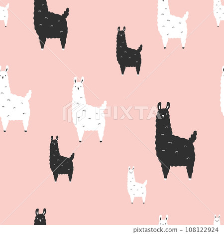 Seamless pattern with hand drawn black and white llamas on pink background Seamless pattern with hand drawn black and white llamas on pink background 108122924