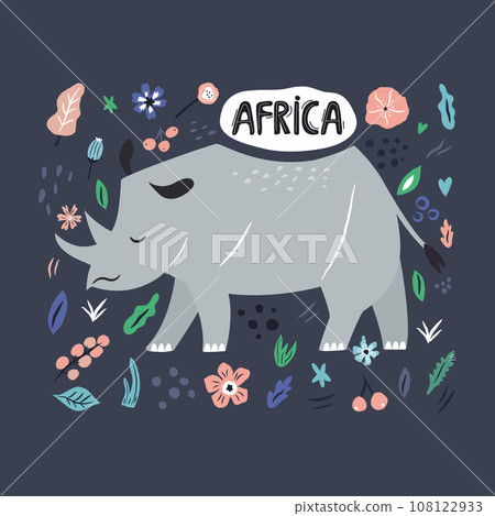 Cute hand drawn rhino character with decoration 108122933