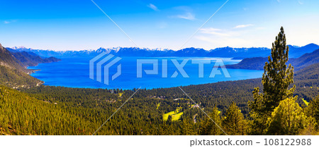 Aerial panorama of Lake Tahoe with Sierra Nevada Mountains in the background Aerial panorama of Lake Tahoe with Sierra Nevada Mountains in the background 108122988