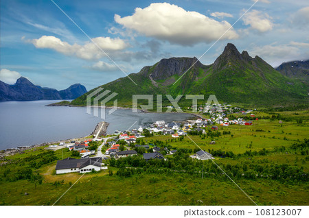 Aerial view of Mefjordvaer village on Senja Island in northern Norway 108123007