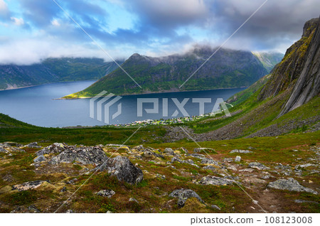 Fjordgard village from Hesten trail to Segla mountain on Senja island, Norway 108123008
