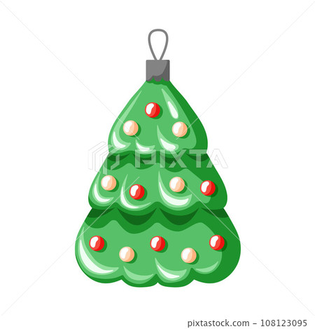 Christmas tree decoration in a shape of tree. Cartoon style. New year toy in retro style. Vector illustration isolated on a white background. Christmas tree decoration in a shape of tree. Cartoon style. New year toy in retro style. Vector illustration isolated on a white background. 108123095