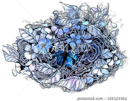 Elegant flower arrangement. Light air lines and small details. Drawn with a gel pen and colored with watercolors 108123362