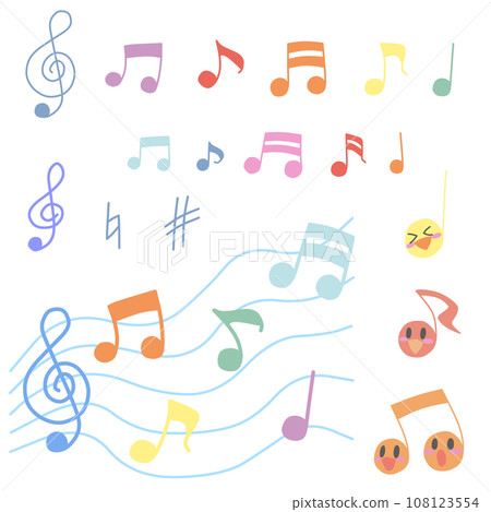 A colorful illustration set of various musical notes, including simple ones and character-like ones. A colorful illustration set of various musical notes, including simple ones and character-like ones. 108123554