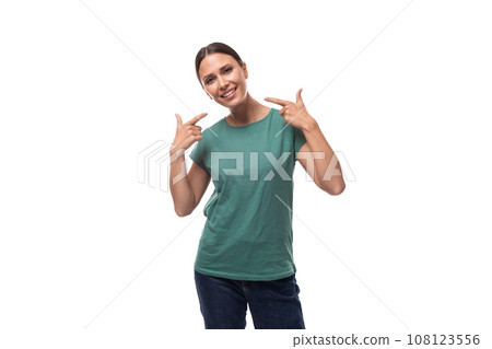portrait of a brunette caucasian woman in a casual look pointing with her hands in other directions 108123556