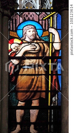 Saint John the Baptist, stained glass window in Saint Severin church in Paris, France Saint John the Baptist, stained glass window in Saint Severin church in Paris, France 108123614