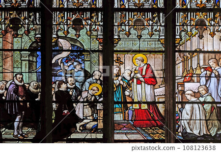 St. Aloysius Gonzaga receiving first communion from the hands of Saint Charles Borromeo, stained glass window in Saint Severin church in Paris 108123638