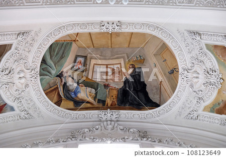 St. Benedict prays for a dead man, fresco by Cosmas Damian Asam in the Basilica of St. Martin and Oswald in Weingarten, Germany St. Benedict prays for a dead man, fresco by Cosmas Damian Asam in the Basilica of St. Martin and Oswald in Weingarten, Germany 108123649