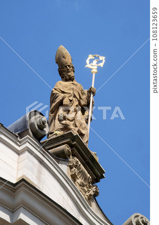 St. Martin with the beggar statue on the main portal of the Basilica of St. Martin and Oswald in Weingarten, Germany St. Martin with the beggar statue on the main portal of the Basilica of St. Martin and Oswald in Weingarten, Germany 108123659