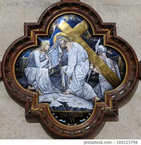6th Stations of the Cross, Veronica wipes the face of Jesus, St Francis Xavier's Church in Paris, France 6th Stations of the Cross, Veronica wipes the face of Jesus, St Francis Xavier's Church in Paris, France 108123798