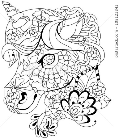 Cute cartoon unicorn. Fantastic animal. Black and white, linear, image. For the design of coloring books, prints, posters, stickers, tattoos. Cute cartoon unicorn. Fantastic animal. Black and white, linear, image. For the design of coloring books, prints, posters, stickers, tattoos. 108123843