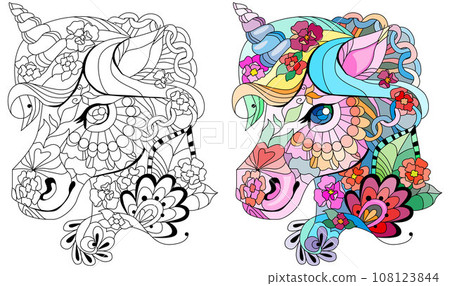 Cute cartoon unicorn. Fantastic animal. Black and white, linear, image. Color and outline set 108123844