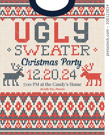 Ugly Sweater Christmas Party cards. Knitted pattern. Scandinavian style deers 108123854