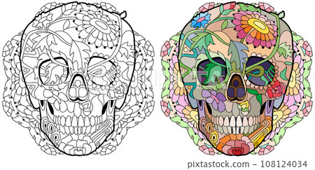 Zentangle stylized scull on mandala. Hand drawn decorative vector illustration for coloring. Color and outline set Zentangle stylized scull on mandala. Hand drawn decorative vector illustration for coloring. Color and outline set 108124034