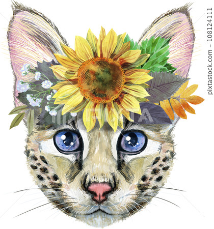 Cute cat with sunflower. Cat for t-shirt graphics. Watercolor Savannah cat illustration Cute cat with sunflower. Cat for t-shirt graphics. Watercolor Savannah cat illustration 108124111