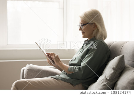 Focused pretty senior woman in eyeglasses working with digital gadget 108124174