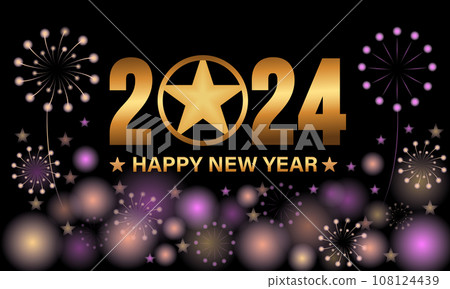 Happy New Year 2024 Celebration Festive Concept with Fireworks, Party Hats, and Christmas ball. background, banner, card, celebration poster, party invitation or calendar. Happy New Year 2024 Celebration Festive Concept with Fireworks, Party Hats, and Christmas ball. background, banner, card, celebration poster, party invitation or calendar. 108124439