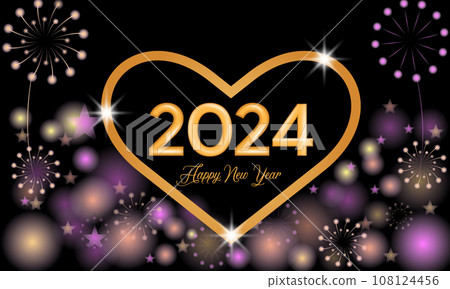 Happy New Year 2024 Celebration Festive Concept with Fireworks, Party Hats, and Christmas ball. background, banner, card, celebration poster, party invitation or calendar. Happy New Year 2024 Celebration Festive Concept with Fireworks, Party Hats, and Christmas ball. background, banner, card, celebration poster, party invitation or calendar. 108124456
