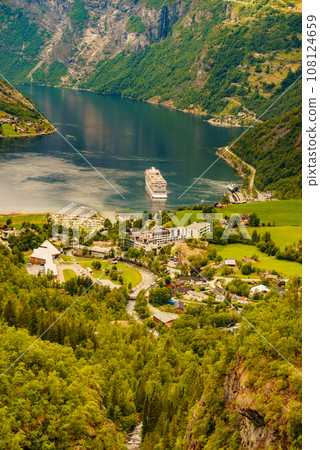 Fjord Geirangerfjord with cruise ship, Norway. 108124659