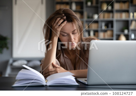 Housewife fall asleep seated at table rest from housework Housewife fall asleep seated at table rest from housework 108124727