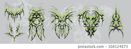 Neo tribal tattoo set, cyber gothic body ornament shapes kit, vector acid abstract alien sign.  108124873