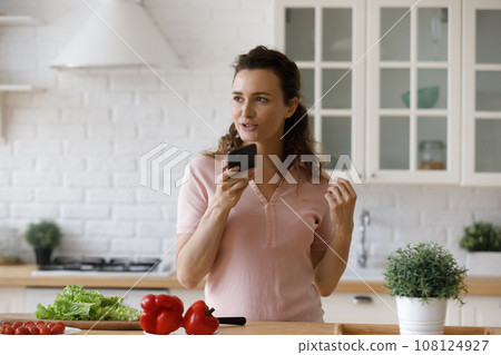 Positive millennial homeowner girl cooking dinner in own kitchen 108124927