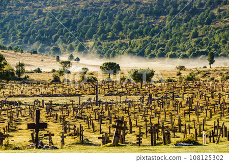 Haze in morning over Sad Hill Cemetery in Burgos, Spain 108125302