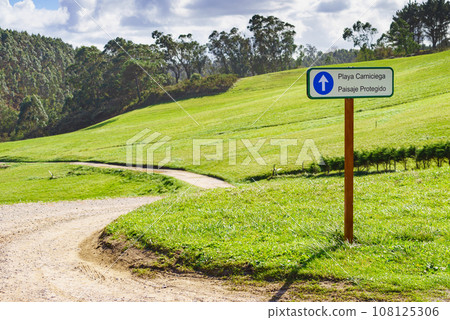 Information board Carniciega beach, Asturias coast in Spain. Information board Carniciega beach, Asturias coast in Spain. 108125306