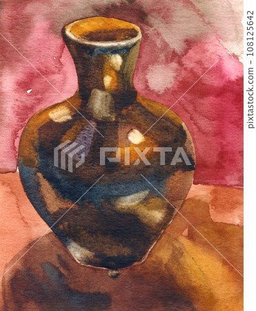 Watercolor still life. Jug on a background of draperies 108125642