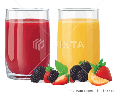 Glasses of orange and blackberry juice next to berries Glasses of orange and blackberry juice next to berries 108125758