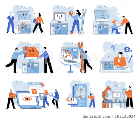 Computer troubleshooting. Vector illustration. The computer troubleshooting metaphor represents intricate nature problem-solving in computer systems Technicians are skilled in renovation Computer troubleshooting. Vector illustration. The computer troubleshooting metaphor represents intricate nature problem-solving in computer systems Technicians are skilled in renovation 108126024