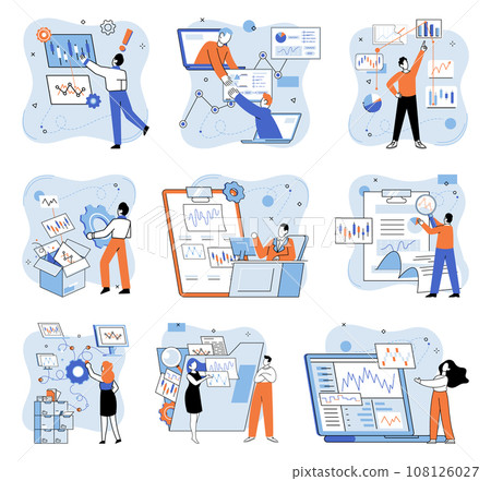 Data analysis. Vector illustration. The stock market heavily relies on data analysis to inform investment decisions Strategic planning involves data analysis to identify opportunities and develop 108126027