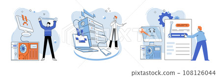 Computer troubleshooting. Vector illustration. Repairing computers requires troubleshooting and identifying root cause problem The computer troubleshooting concept emphasizes systematic approach Computer troubleshooting. Vector illustration. Repairing computers requires troubleshooting and identifying root cause problem The computer troubleshooting concept emphasizes systematic approach 108126044